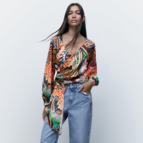 NEW! Zara Colorful Floral Long Sleeve Wrap Top - Picture 2 of 10